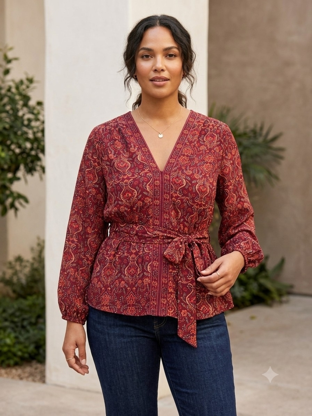 Woven V-Neck Tie-Waist Top in Burnt Red